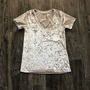 Plush velvet short sleeve blouse with pocket